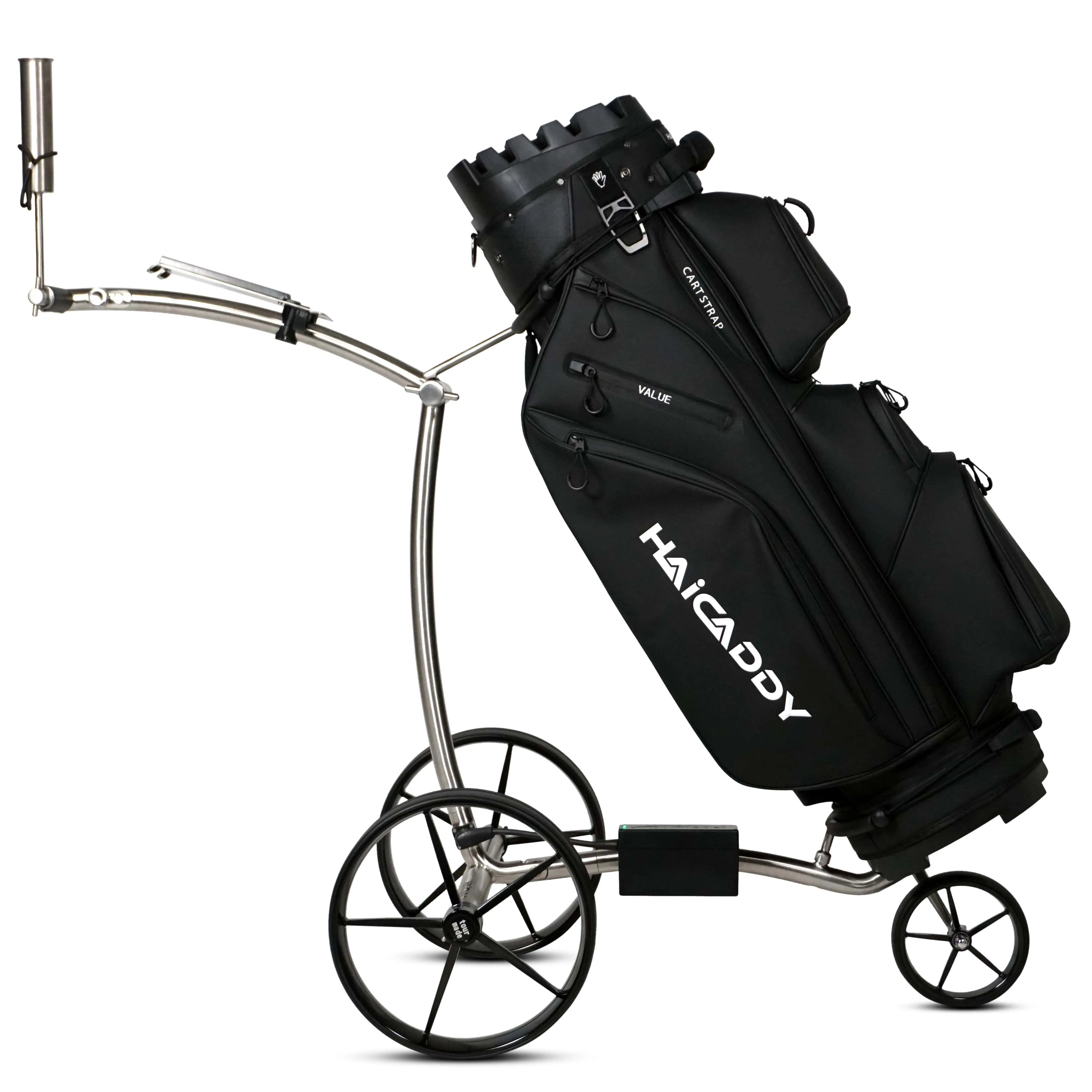 Tour Made Haicaddy® HC9S electric golf trolley frame curved brushed